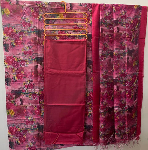 Tussar Cotton Silk Pink Color Dress Material With Linen Dupatta - Trend In Need
