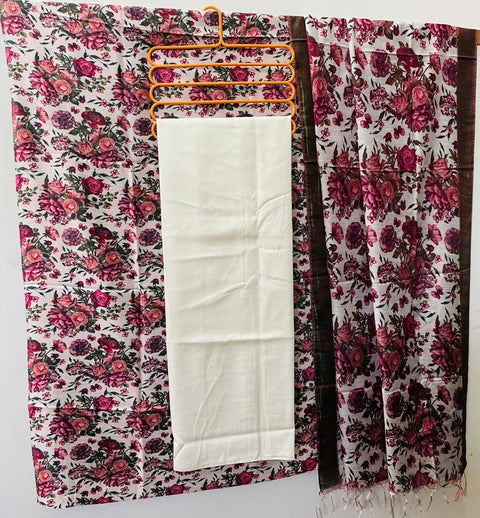 Tussar Cotton Silk White Color Dress Material With Linen Dupatta - Trend In Need