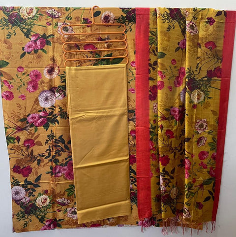 Tussar Cotton Silk Yellow Color Dress Material With Linen Dupatta - Trend In Need