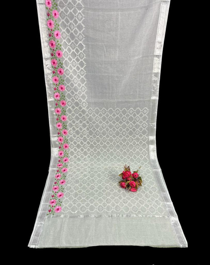 White Color Embroidered Kota Doria Saree