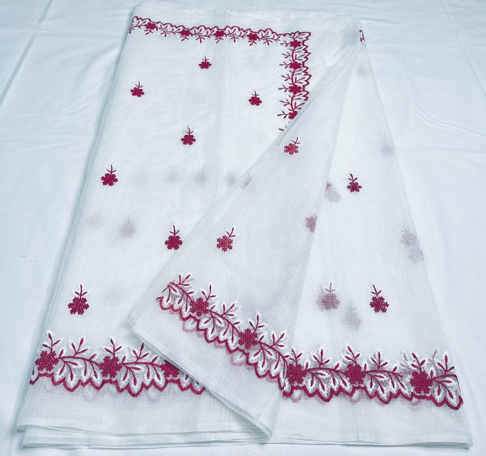White Color Kota Cotton Sarees With Embroidery Work