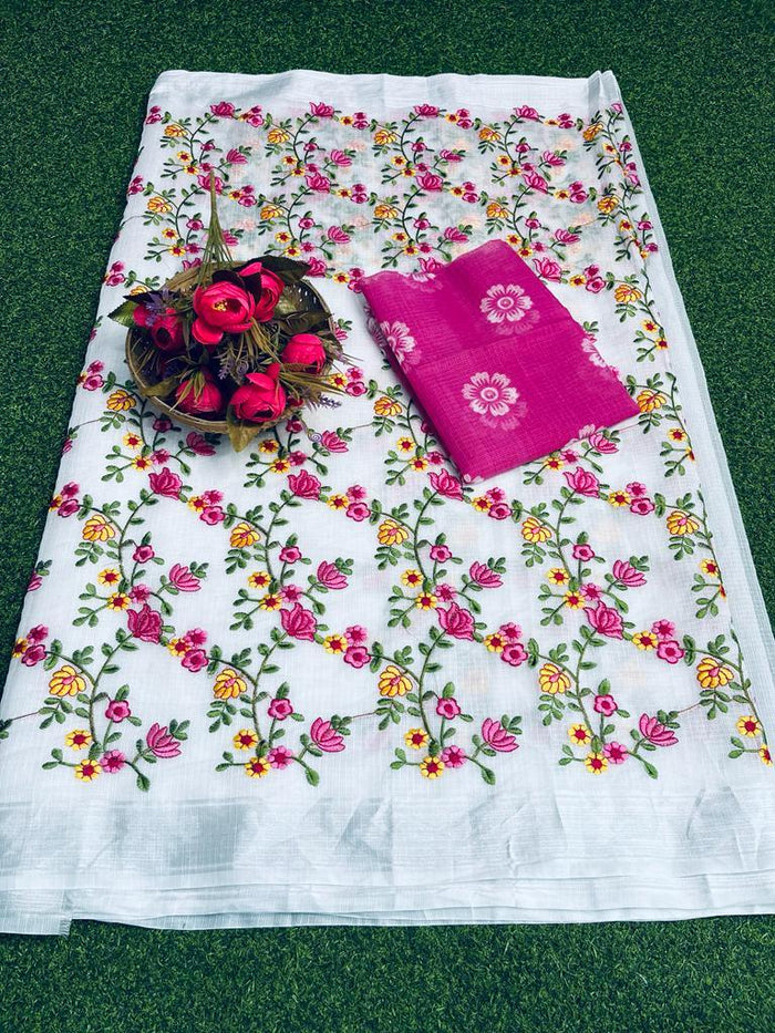 White Color Kota Doria Embroidery Saree