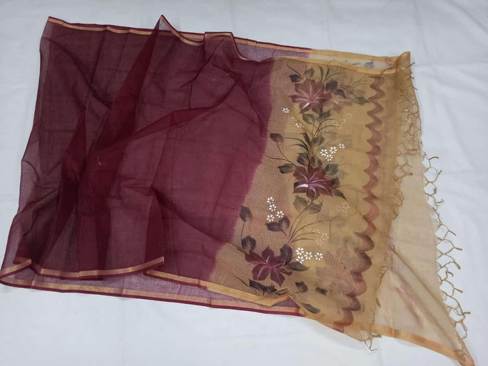 Wine Beige Color Hand Brush Painted Kota Doria Pure Cotton Dupatta - Trend In Need