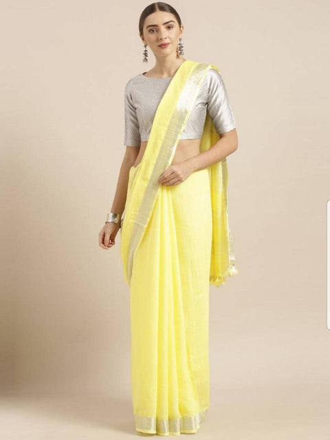 Yellow Color Cotton Mix Plain Linen Saree - Trend In Need