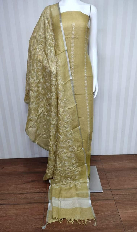 Yellow Color Cotton Silk Machine Embroidered Unstitched Suit Material - Trend In Need