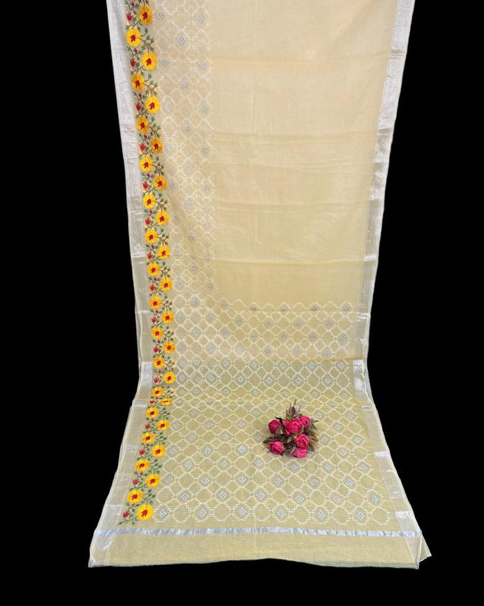 Yellow Color Embroidered Kota Doria Saree