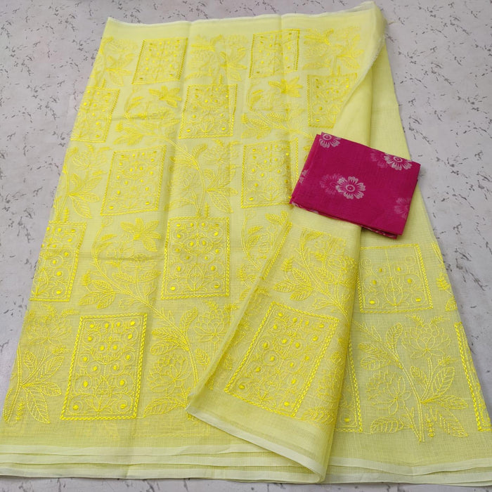 Yellow Color Machine Embroidered Kota Doria Cotton Saree