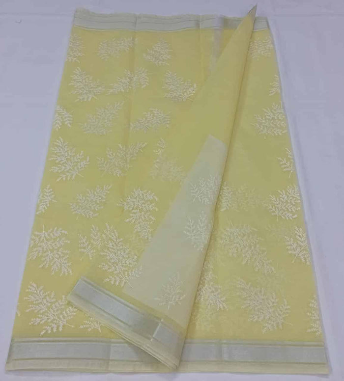 Yellow Color Machine Embroidred Work Kota Doria Cotton Saree