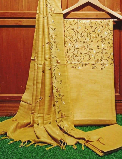 Yellow Color Matka Cotton Embroidered Dress Material - Trend In Need