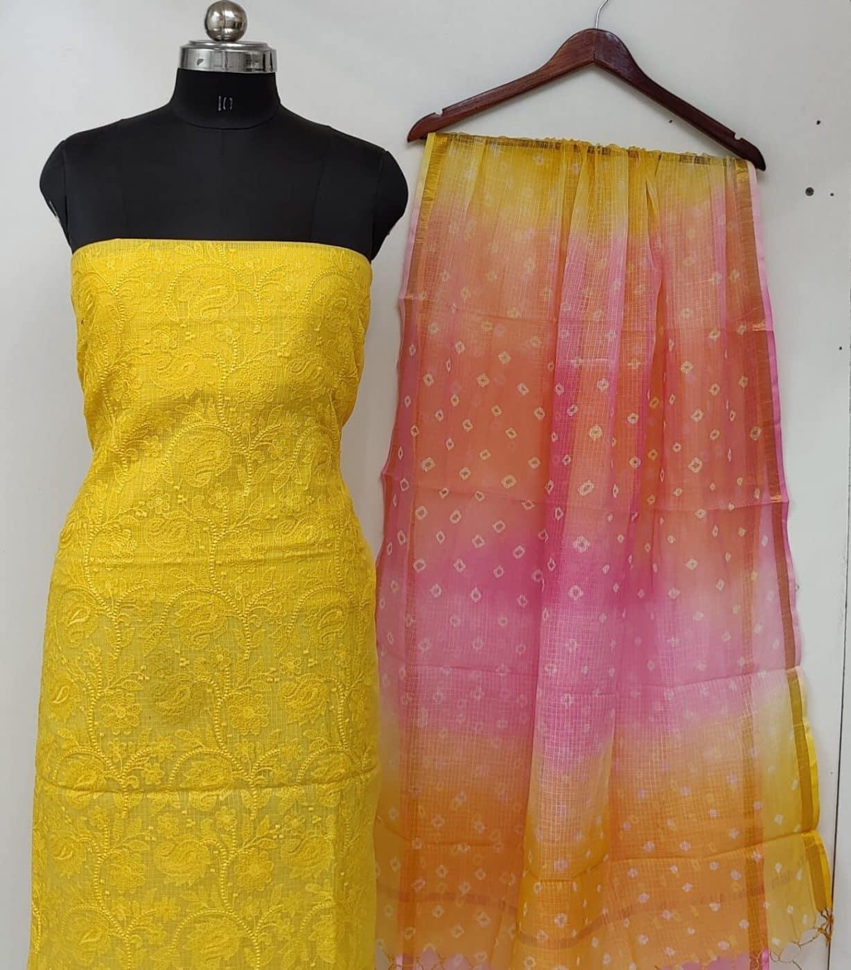 Pure Cotton Kota Doria Chikankari Work Dress Material