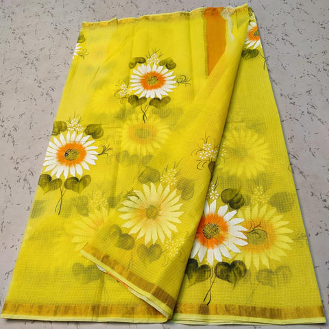 Yellow Color Pure Cotton Kota Doria Hand Brush Painted Saree - Trend In Need