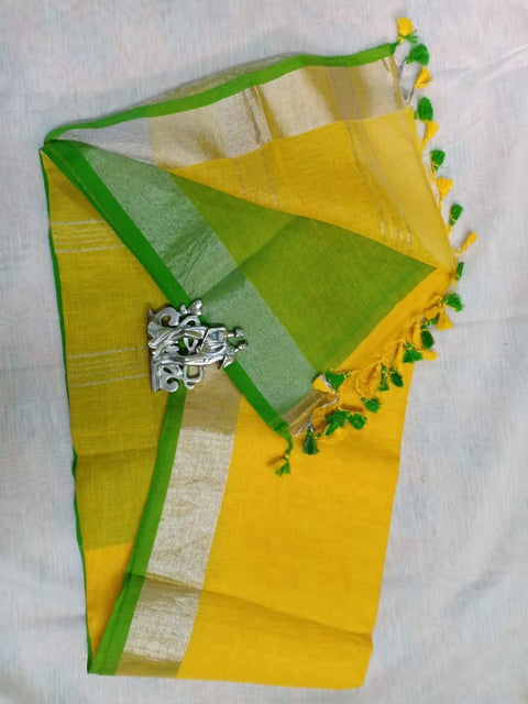 Yellow Green Color Linen Cotton Mix Plain Saree - Trend In Need