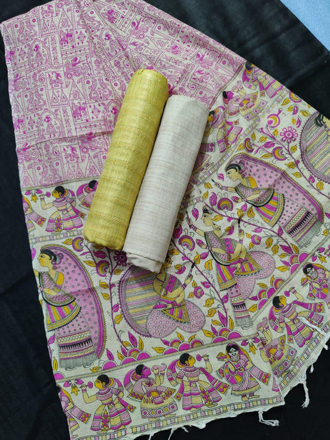 Yellow Matka Handwoven Cotton silk Dress Material With Madhubani Print Dupatta - Trend In Need