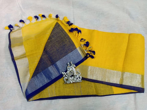 Yellow Navy Blue Color Cotton Mix Linen Plain Saree - Trend In Need