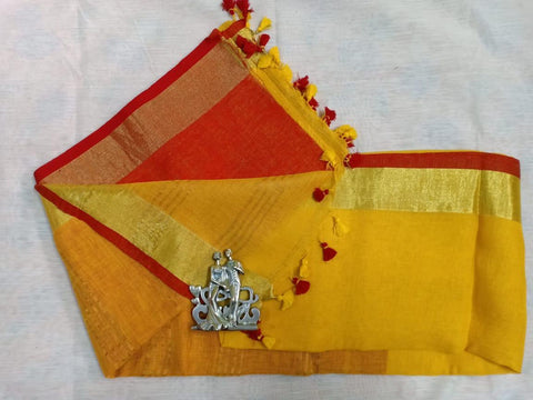 Yellow Red Color Linen Cotton Plain Saree - Trend In Need